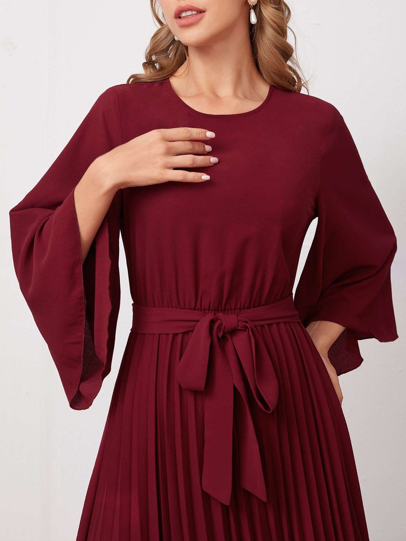 Bell Sleeve Self Belted Pleated Dress