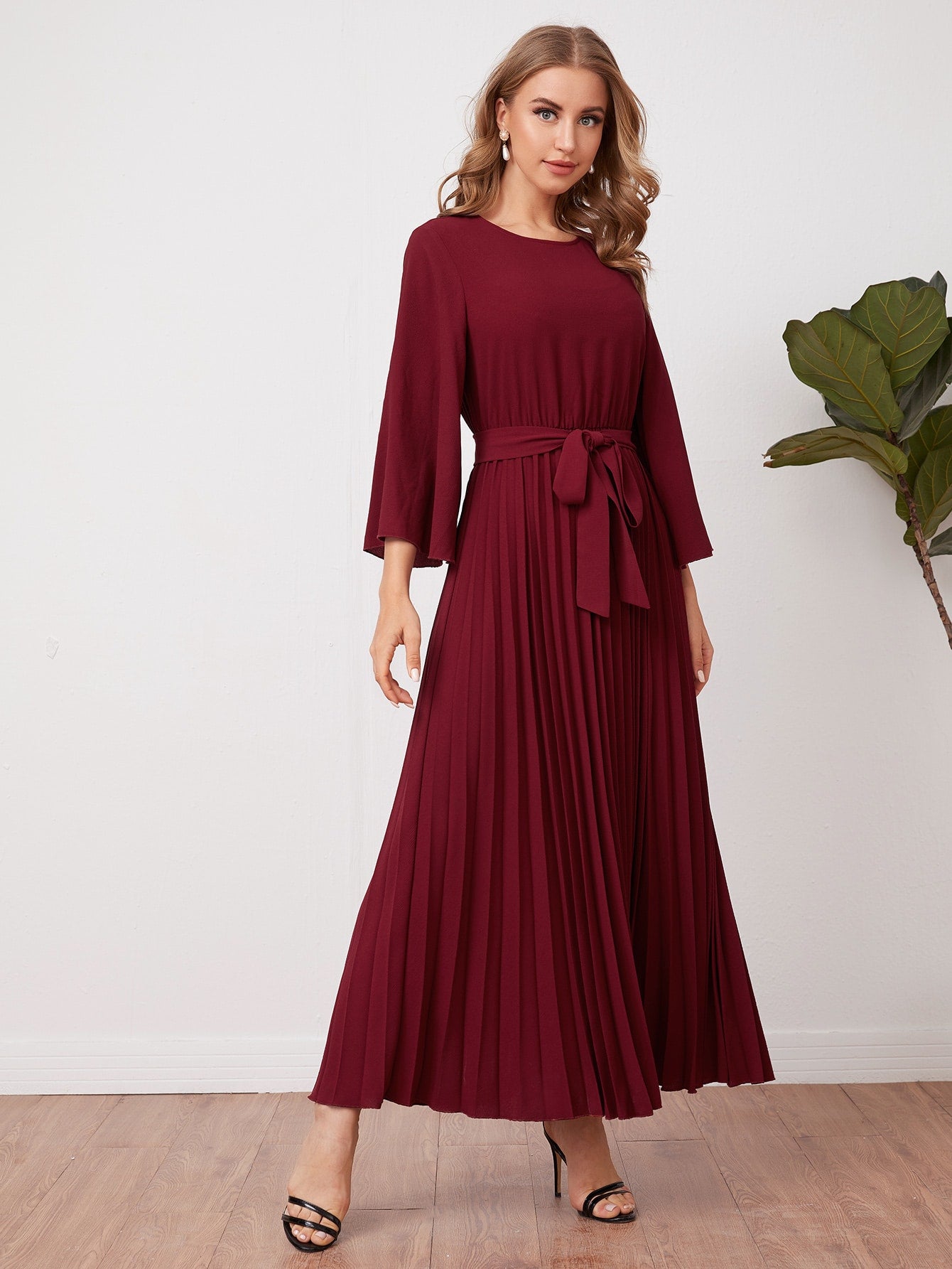 Bell Sleeve Self Belted Pleated Dress