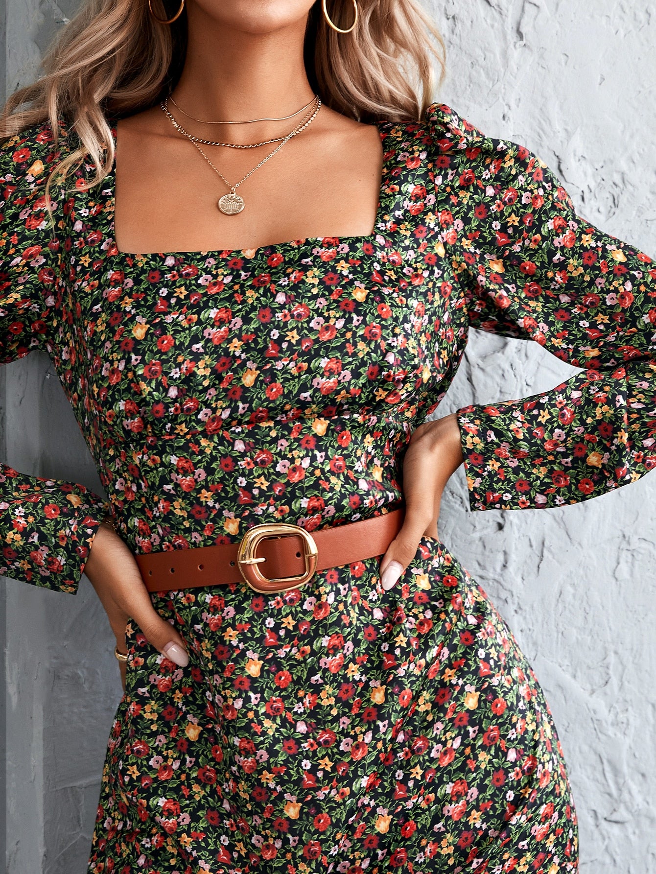 Square Neck Ditsy Floral Dress Without Belt