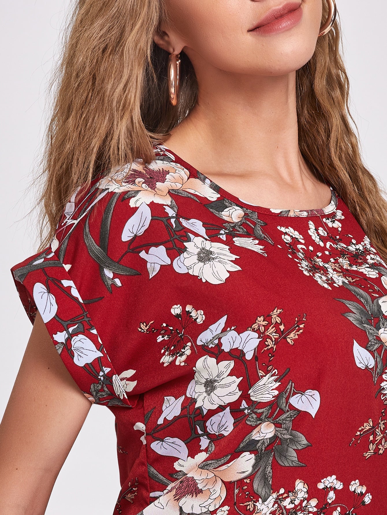 Cuffed Sleeve Floral Print Top