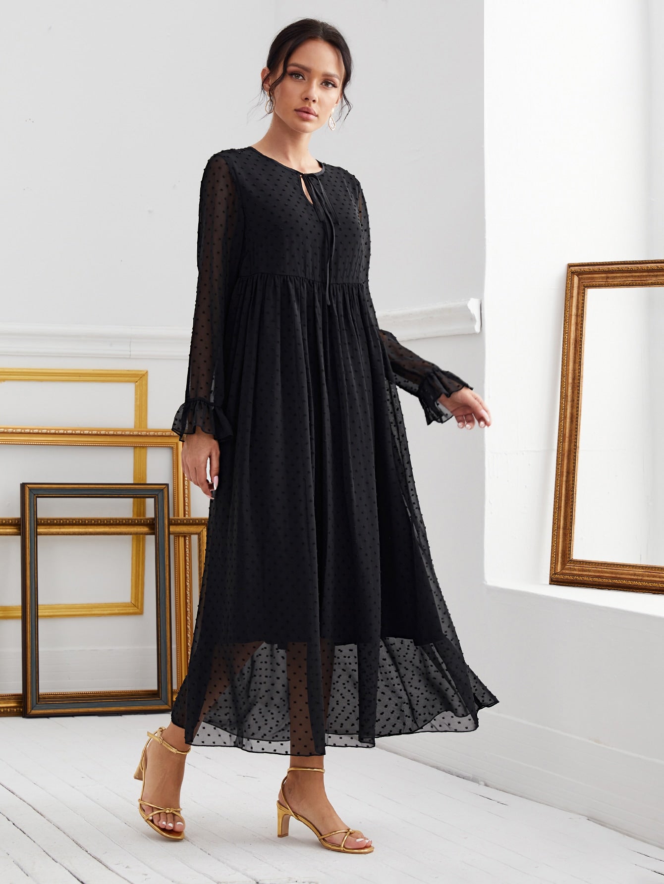 Tie Neck Swiss Dot Smock Dress