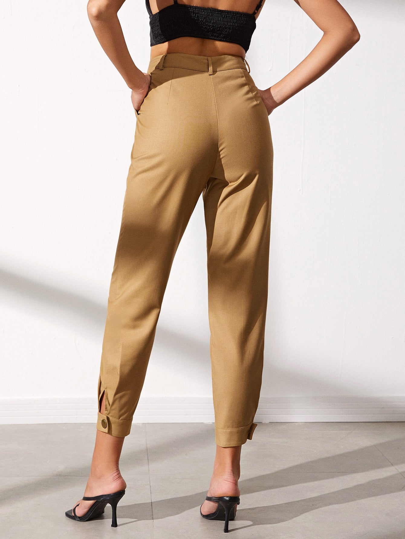 Buttoned Hem Solid Pants