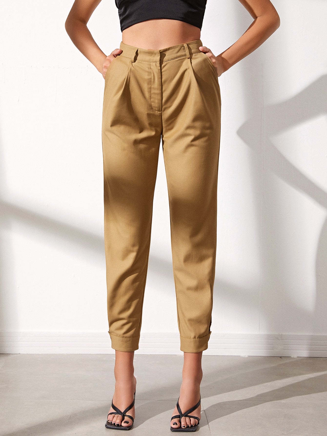 Buttoned Hem Solid Pants