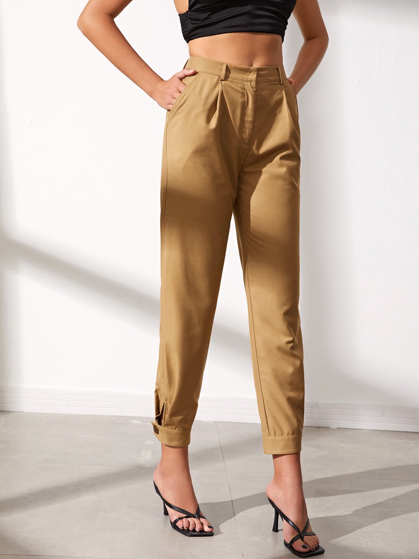 Buttoned Hem Solid Pants