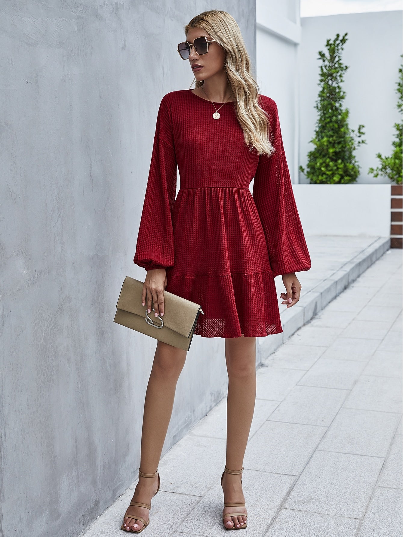 Waffle Bishop Sleeve Ruffle Hem Dress