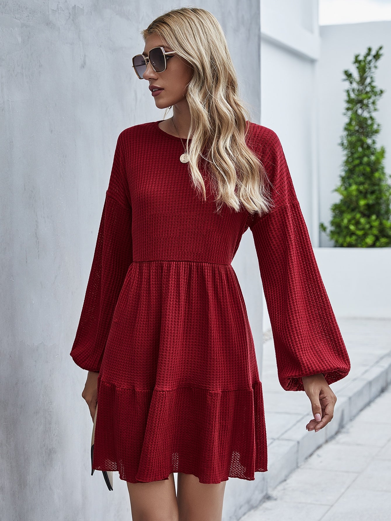 Waffle Bishop Sleeve Ruffle Hem Dress