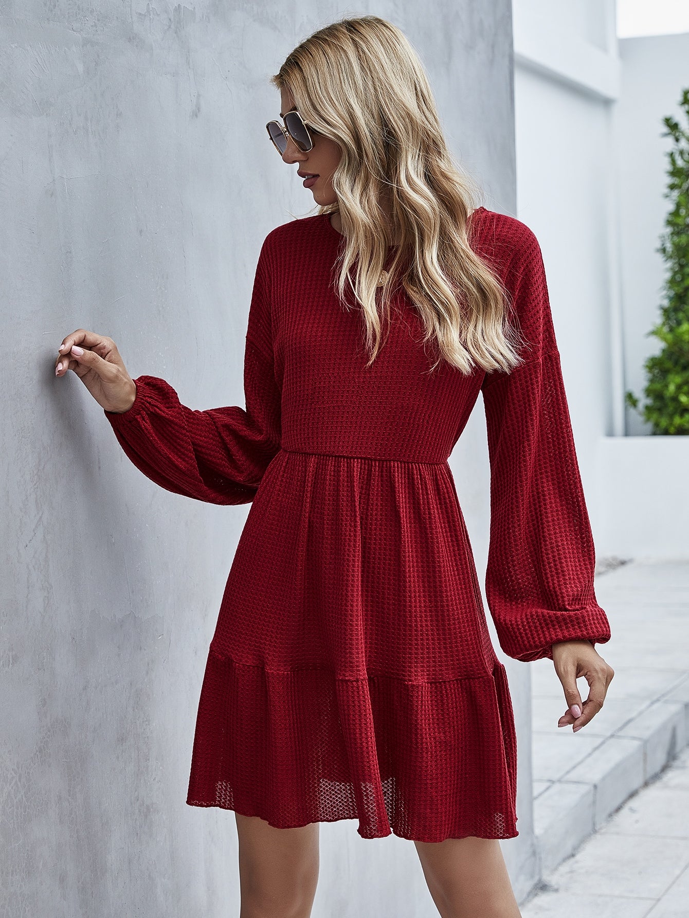Waffle Bishop Sleeve Ruffle Hem Dress
