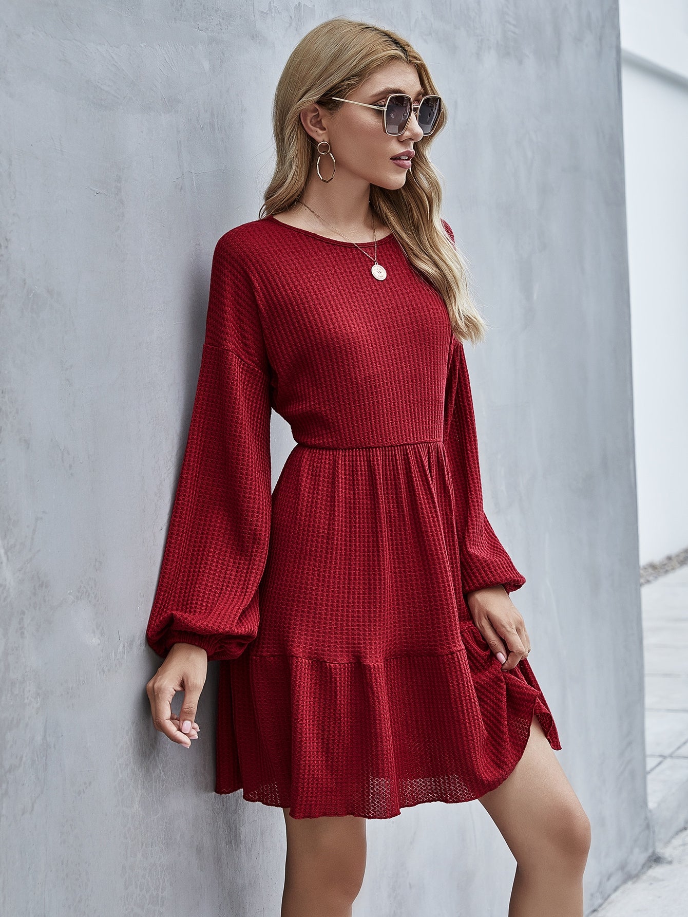 Waffle Bishop Sleeve Ruffle Hem Dress