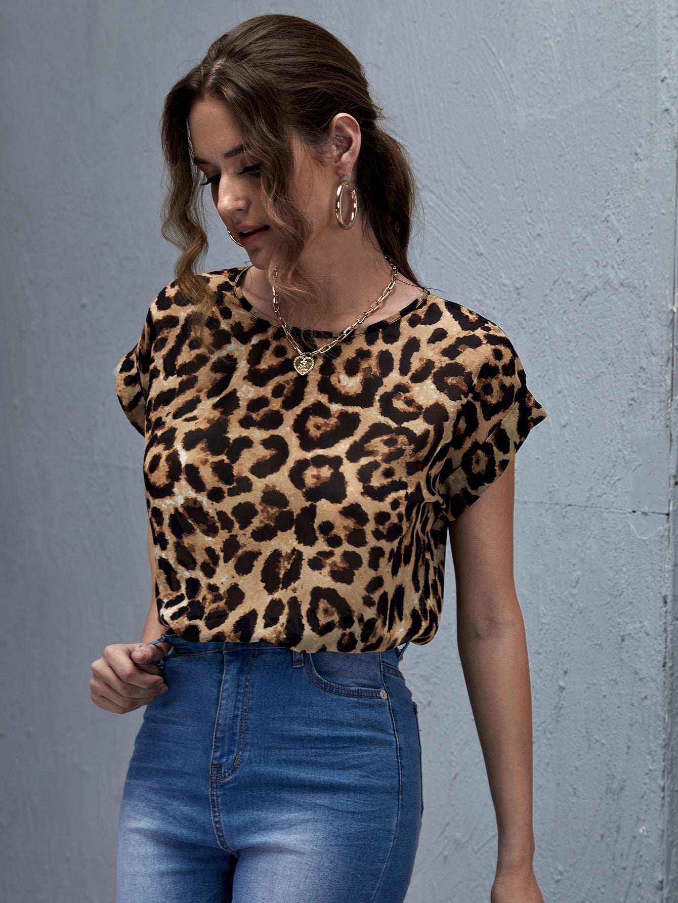 Leopard Roll Up Sleeve Top