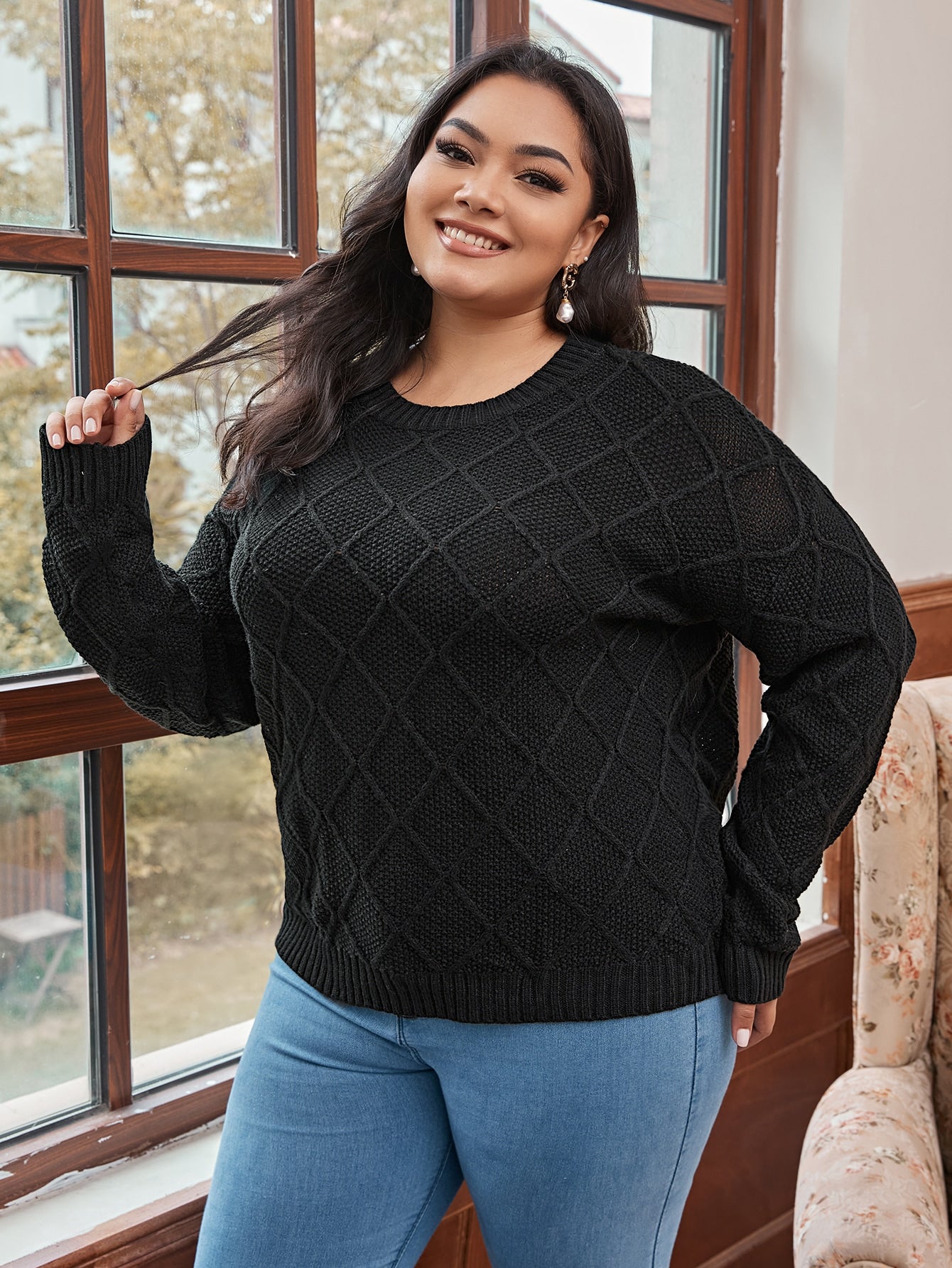 Plus Cable Knit Drop Shoulder Sweater