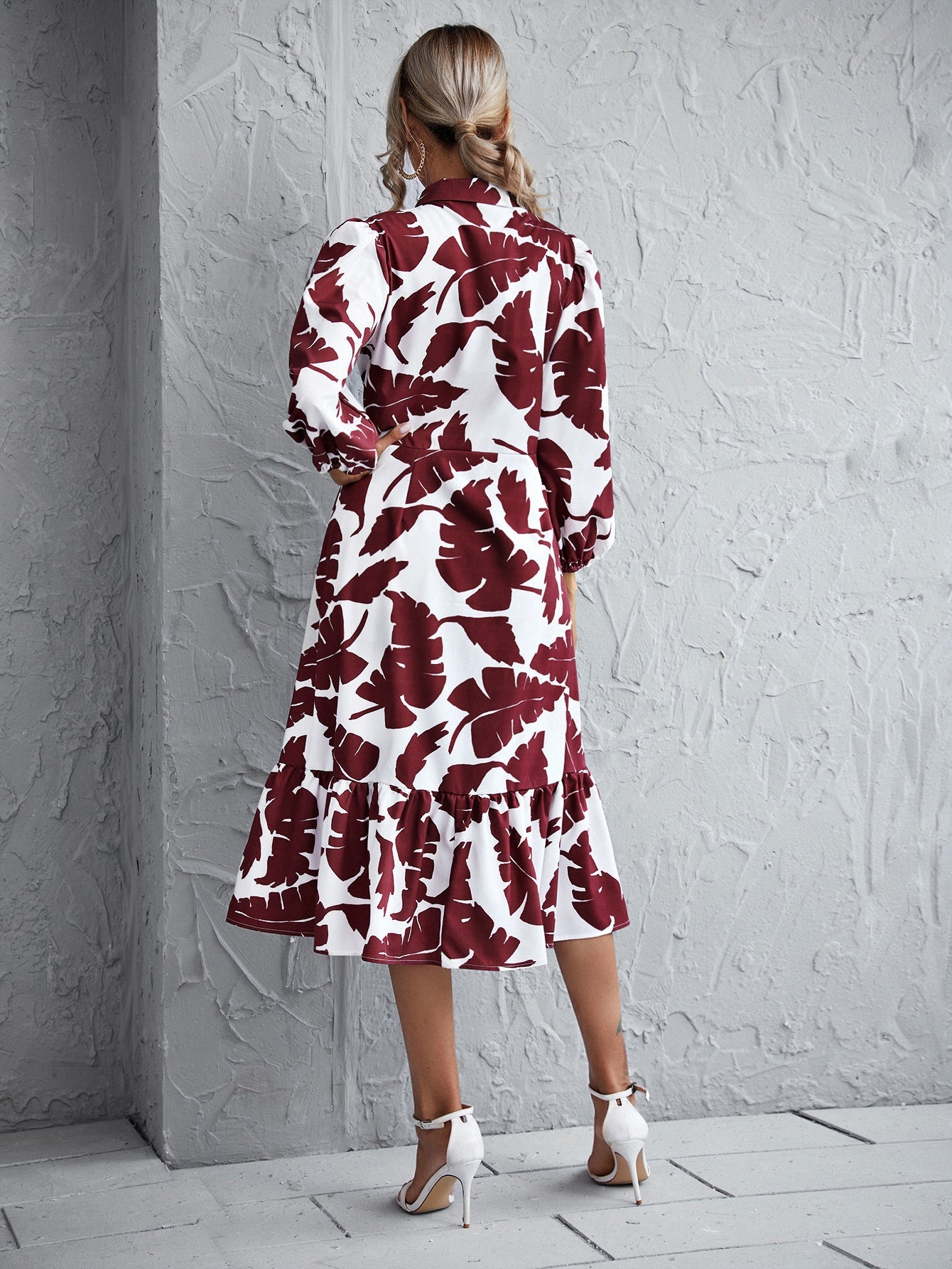 Tropical Print Button Front Belted Ruffle Hem Dress