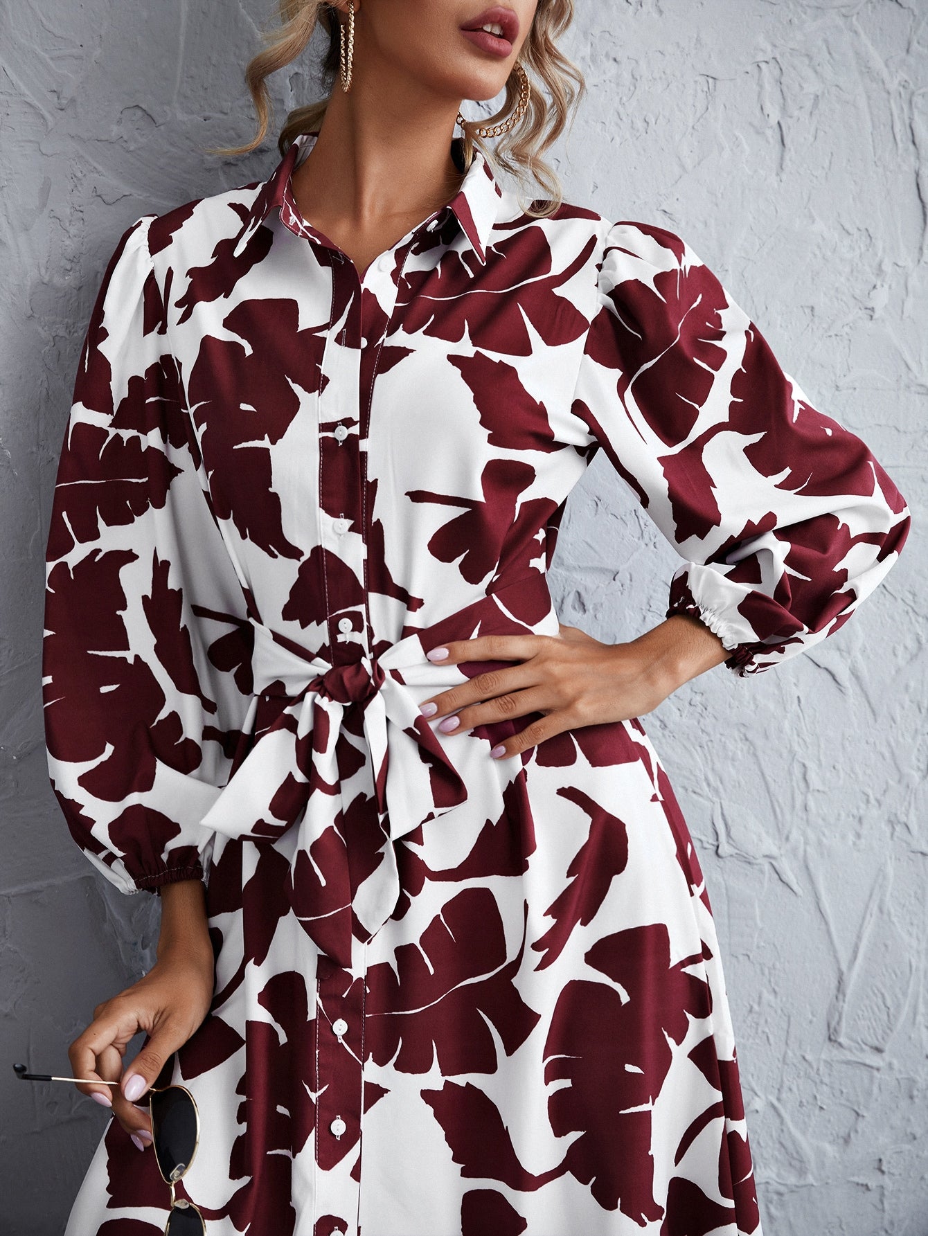 Tropical Print Button Front Belted Ruffle Hem Dress