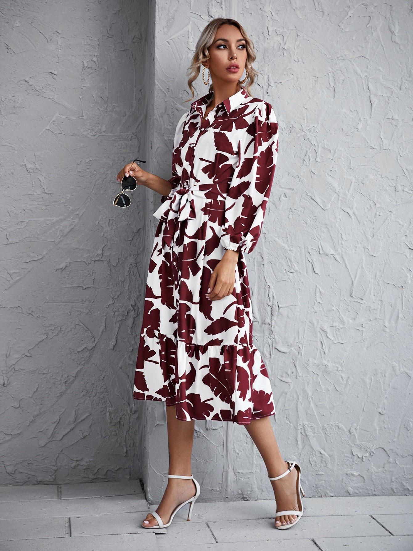 Tropical Print Button Front Belted Ruffle Hem Dress