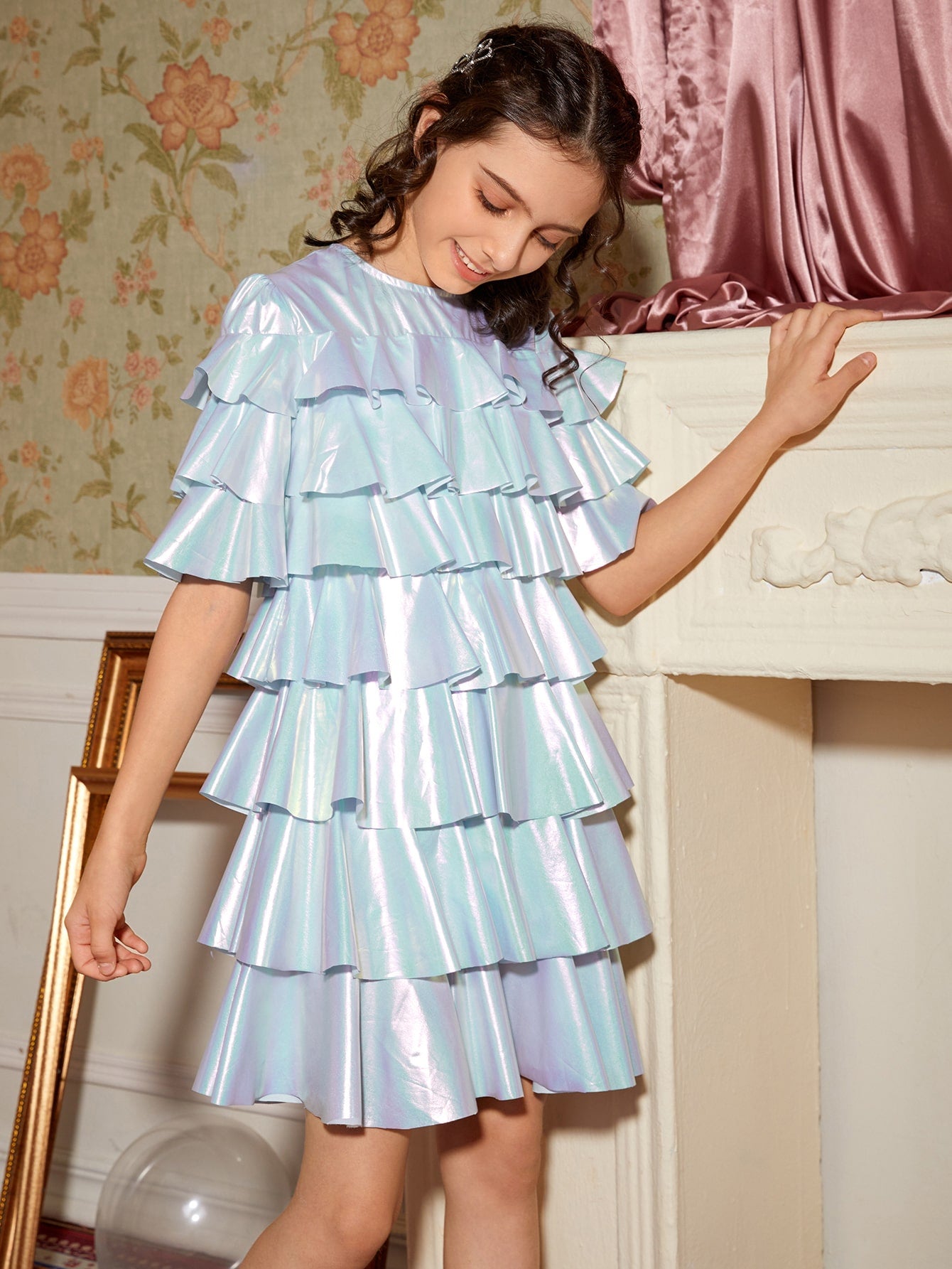 Girls Layered Ruffle Trim Metallic Dress
