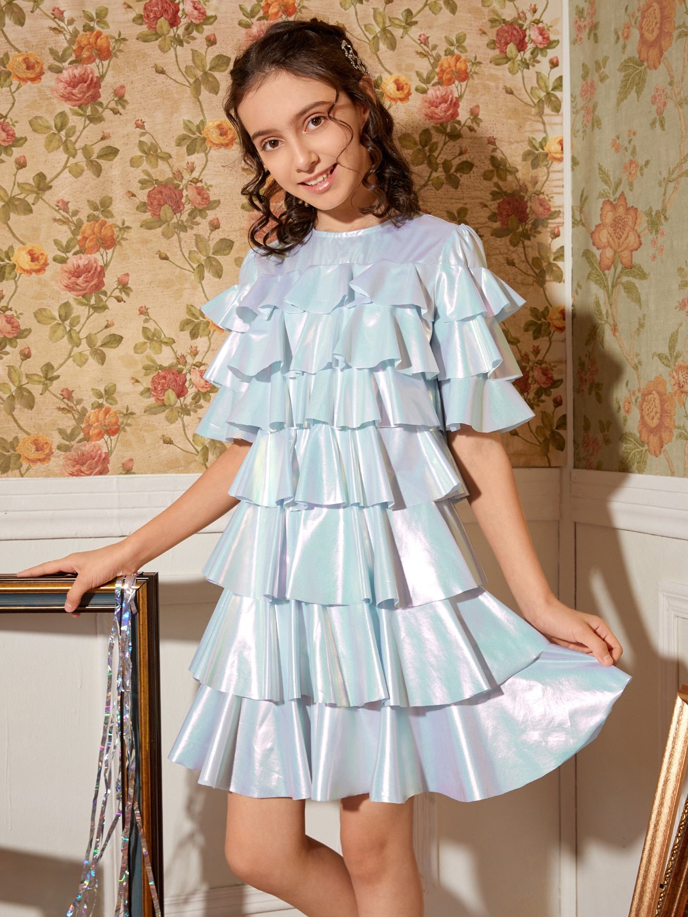 Girls Layered Ruffle Trim Metallic Dress