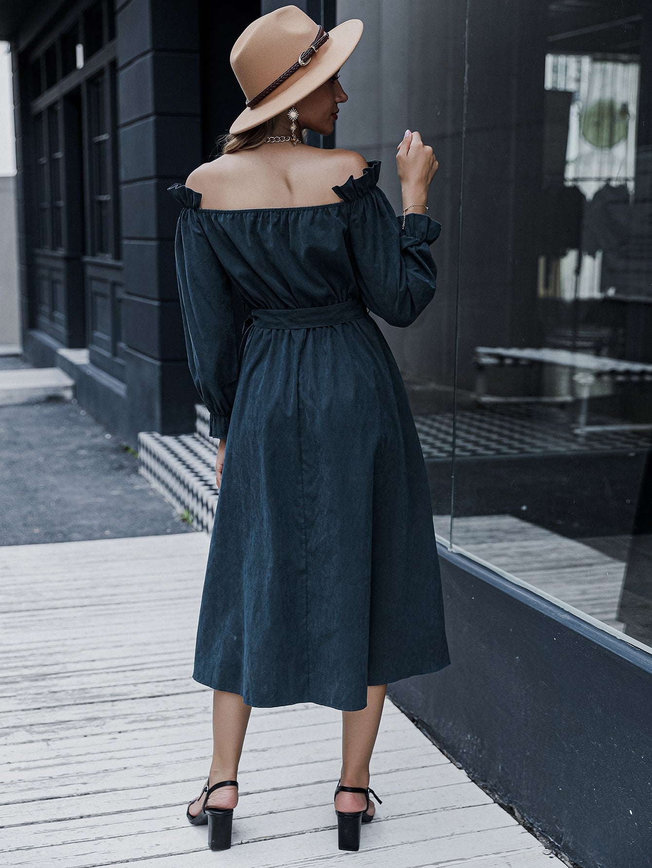 Bardot Ruffle Trim Belted A-line Dress