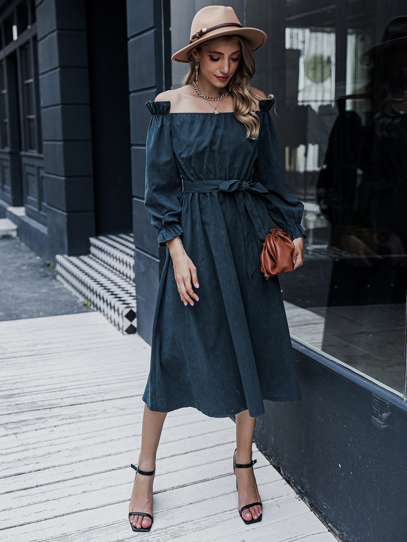 Bardot Ruffle Trim Belted A-line Dress