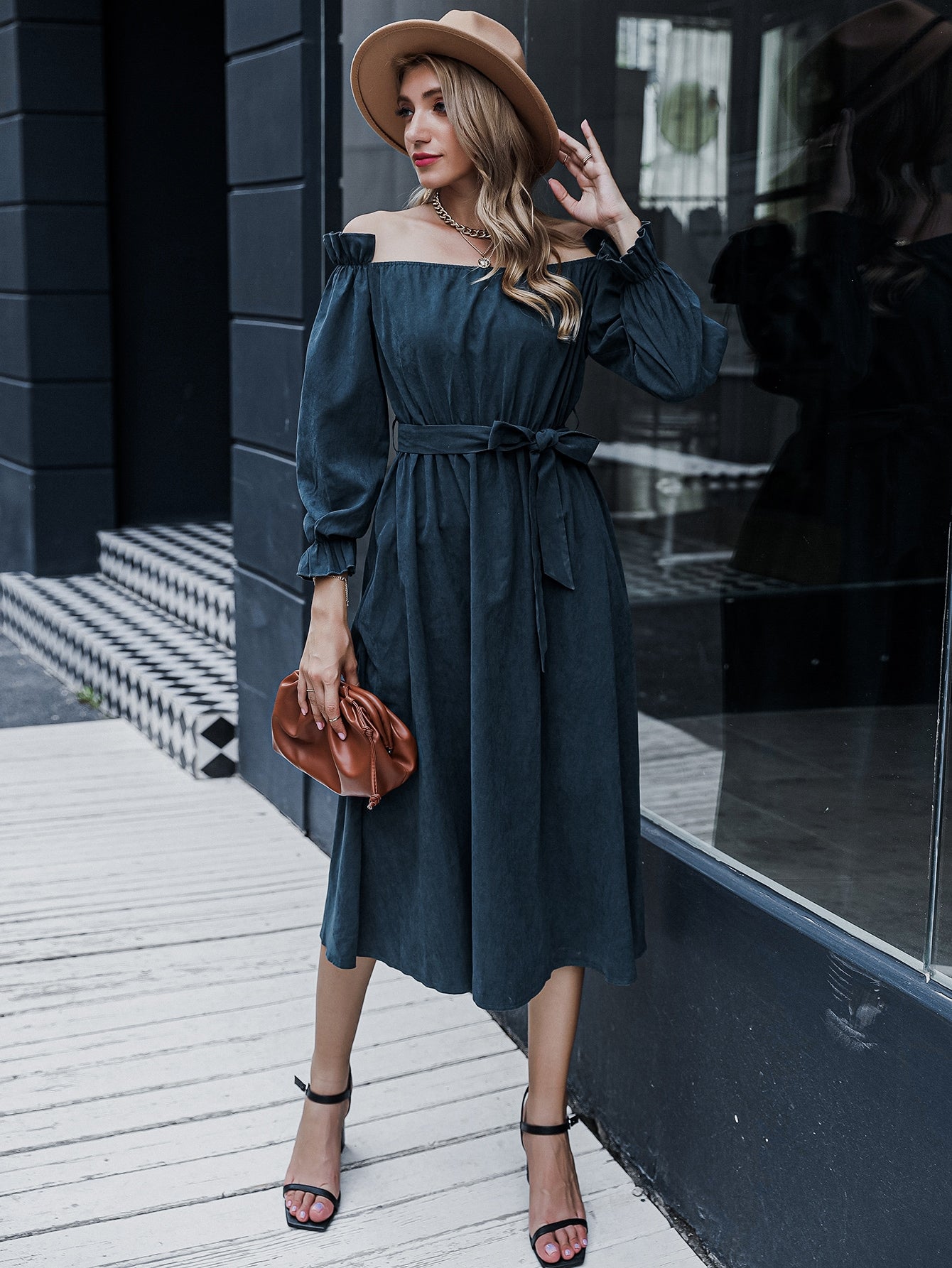 Bardot Ruffle Trim Belted A-line Dress