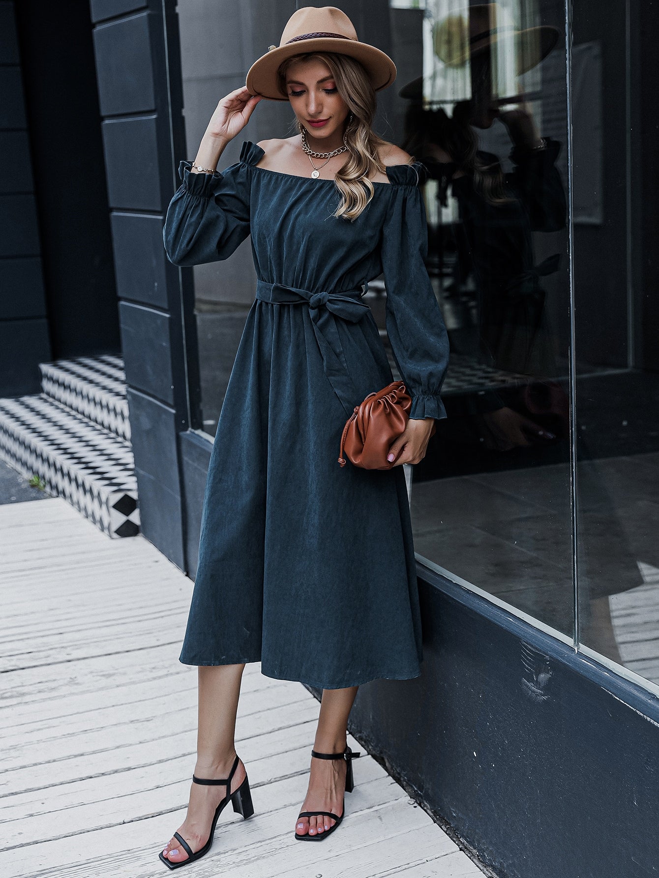 Bardot Ruffle Trim Belted A-line Dress