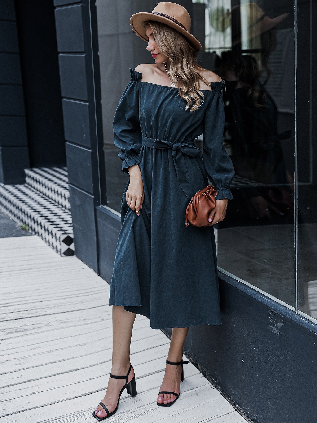 Bardot Ruffle Trim Belted A-line Dress