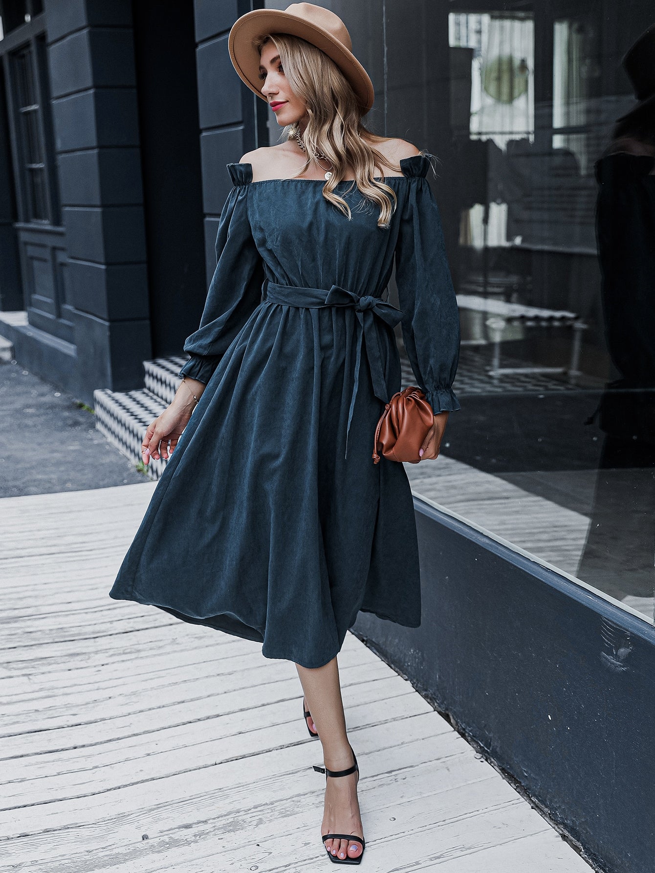 Bardot Ruffle Trim Belted A-line Dress