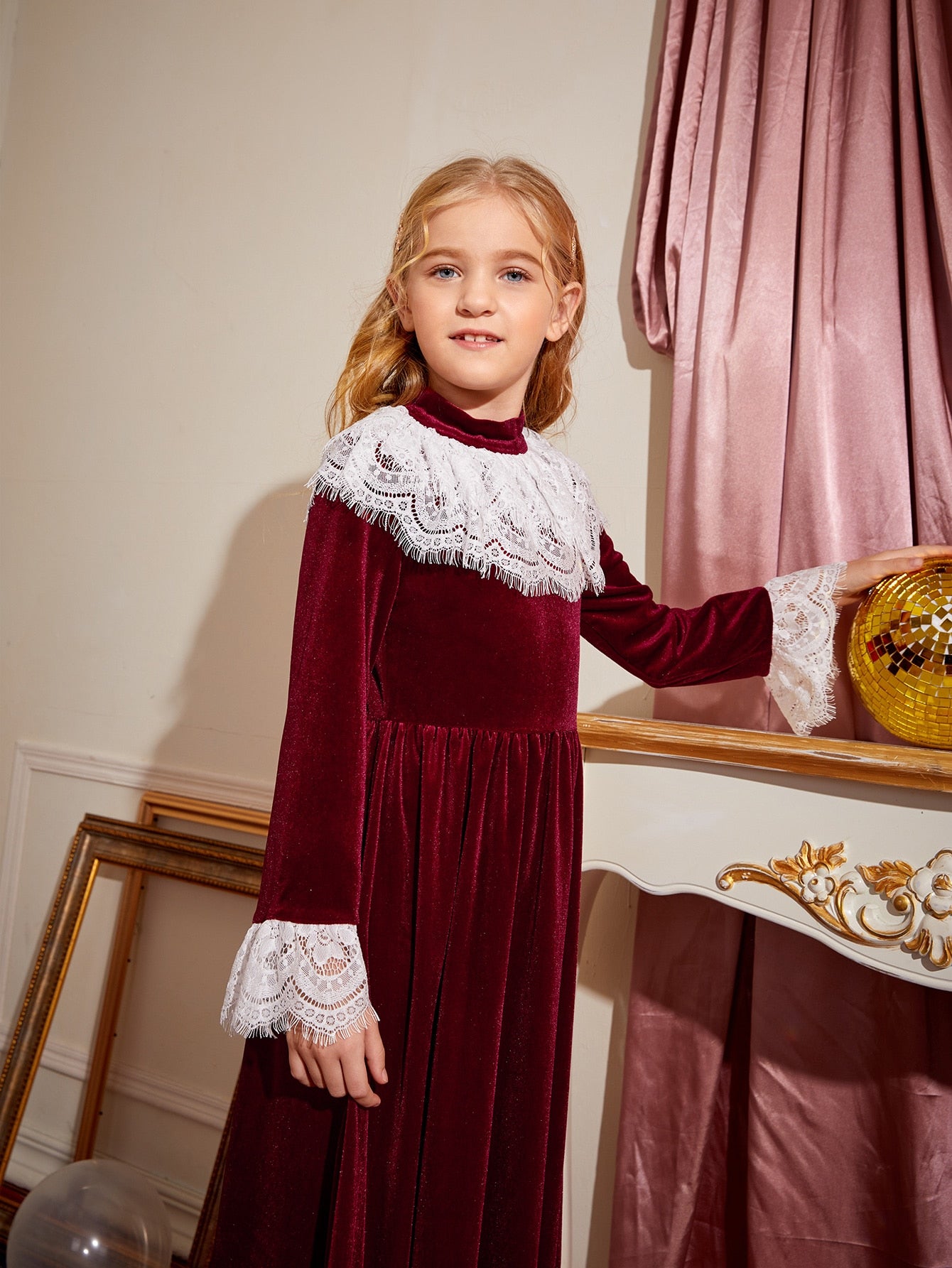 Girls Contrast Lace Trim Velvet Dress