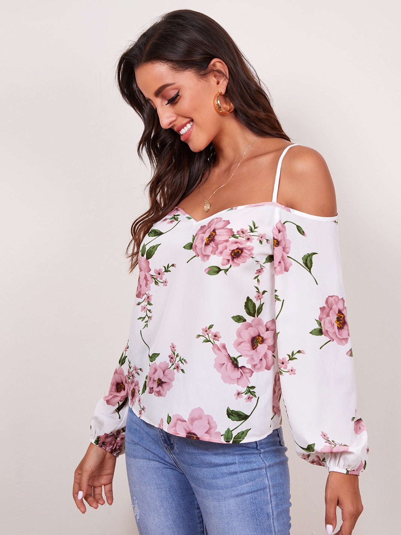 Cold Shoulder Bishop Sleeve Floral Top