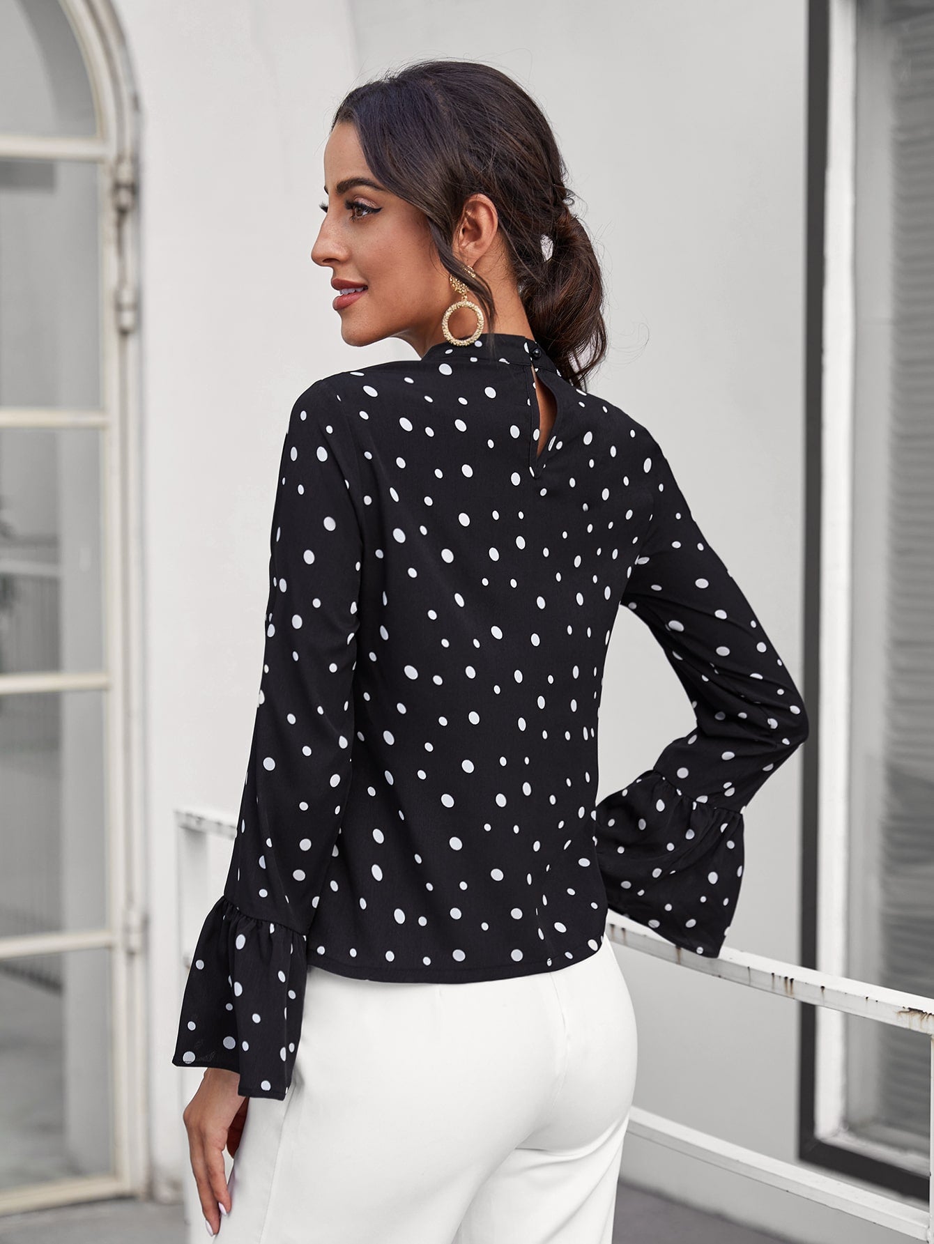 Bell Sleeve Polka Dot Ruched Front Top