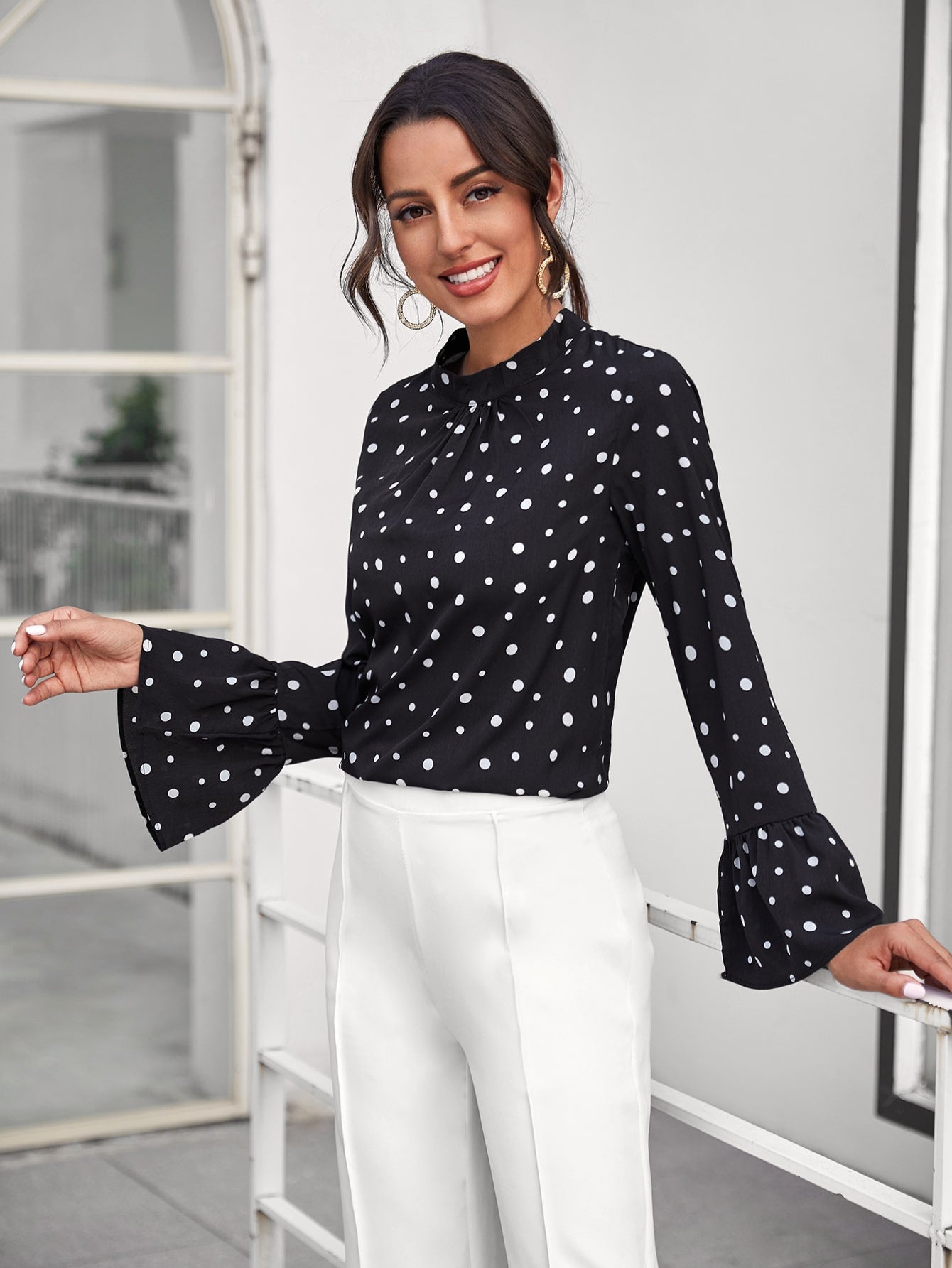 Bell Sleeve Polka Dot Ruched Front Top