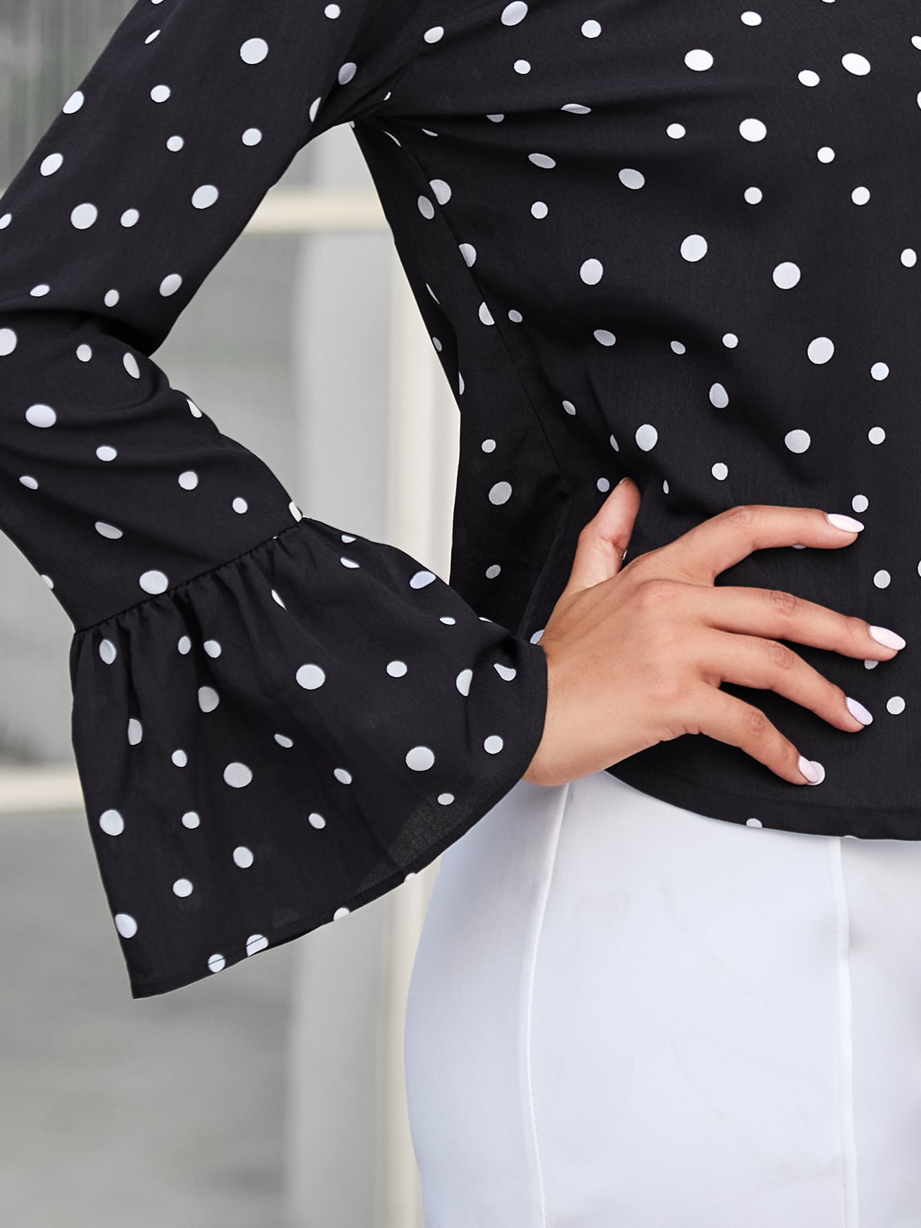 Bell Sleeve Polka Dot Ruched Front Top