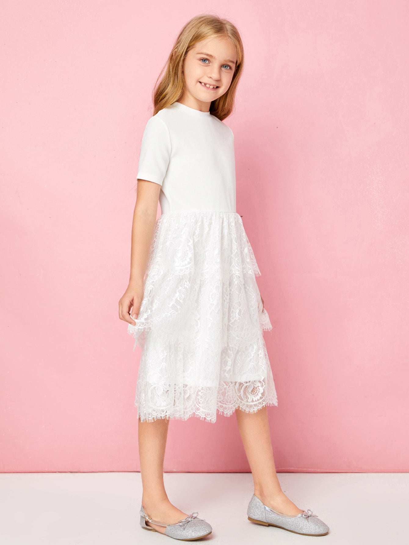 Girls Layered Eyelash Lace Ruffle Hem Dress