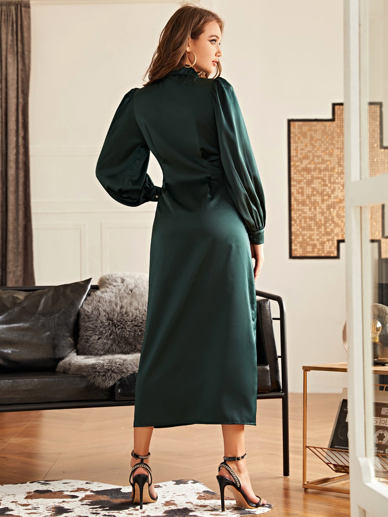 Collared Buttoned Front Fold Pleated Dress