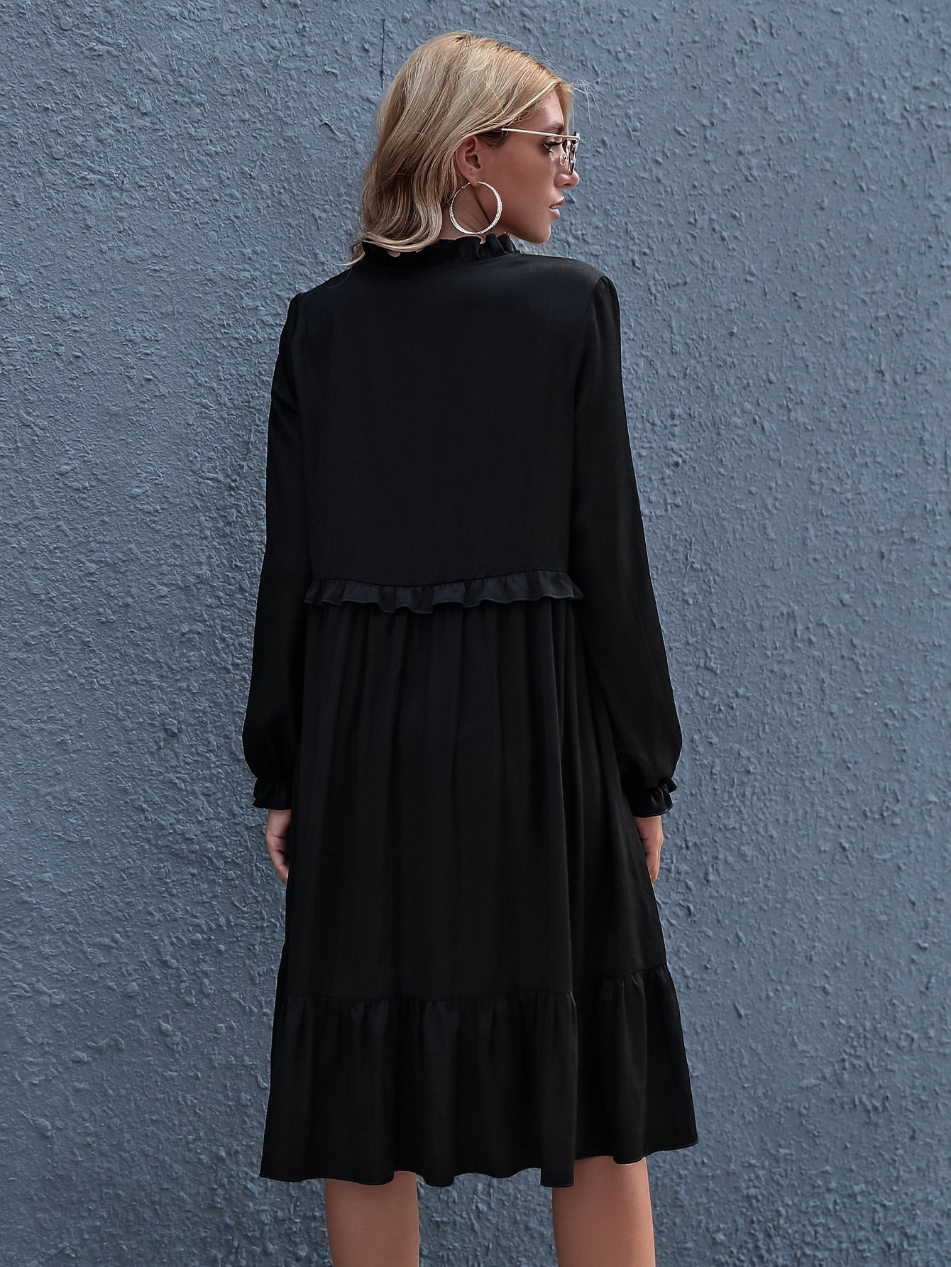 Tie Neck Frill Trim Ruffle Hem Dress