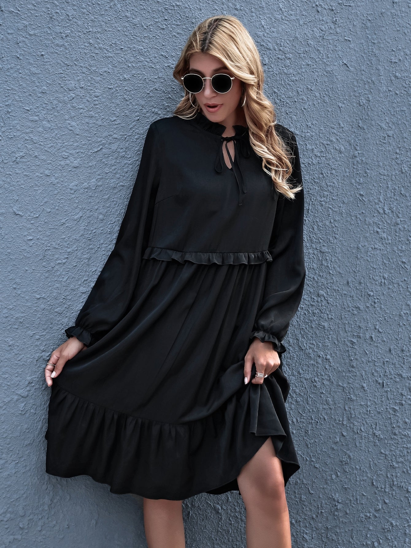Tie Neck Frill Trim Ruffle Hem Dress