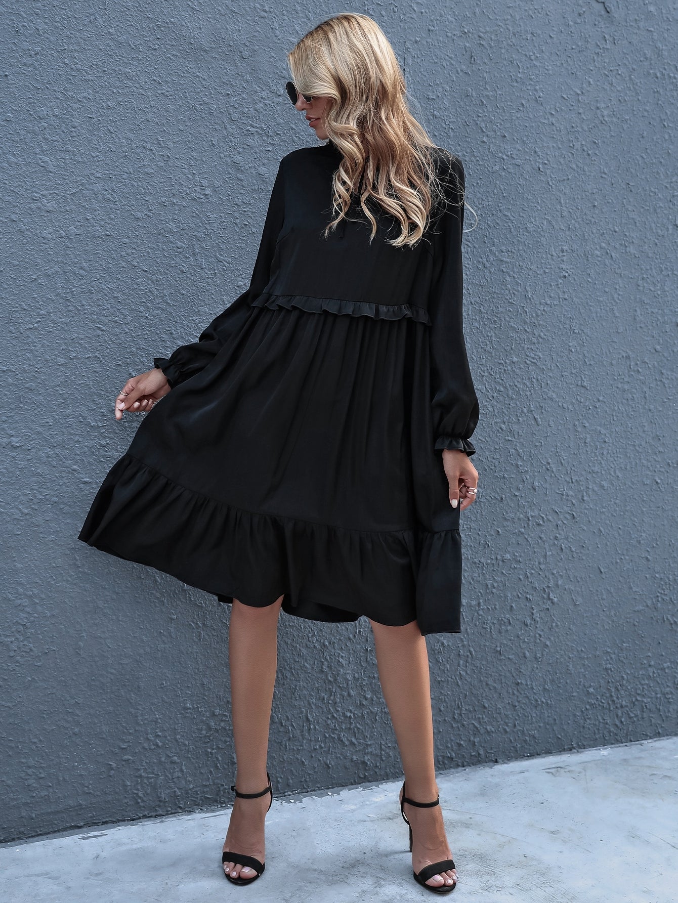 Tie Neck Frill Trim Ruffle Hem Dress