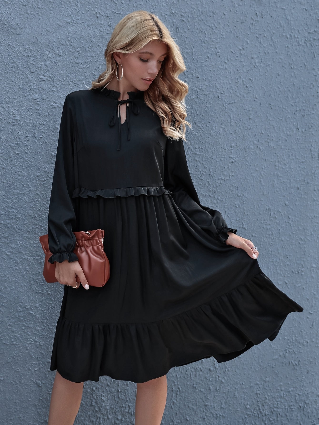 Tie Neck Frill Trim Ruffle Hem Dress
