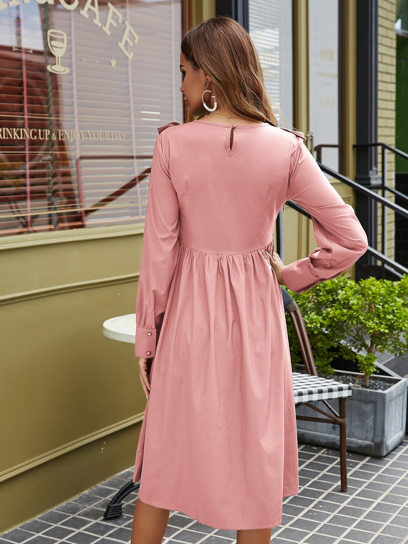 Solid Ruffle Trim Midi A-line Dress