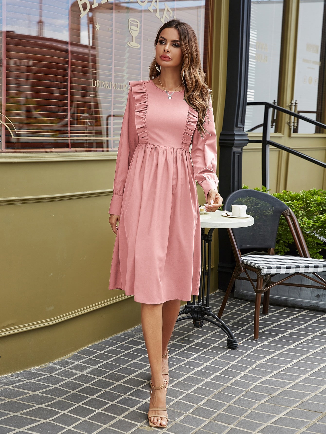 Solid Ruffle Trim Midi A-line Dress