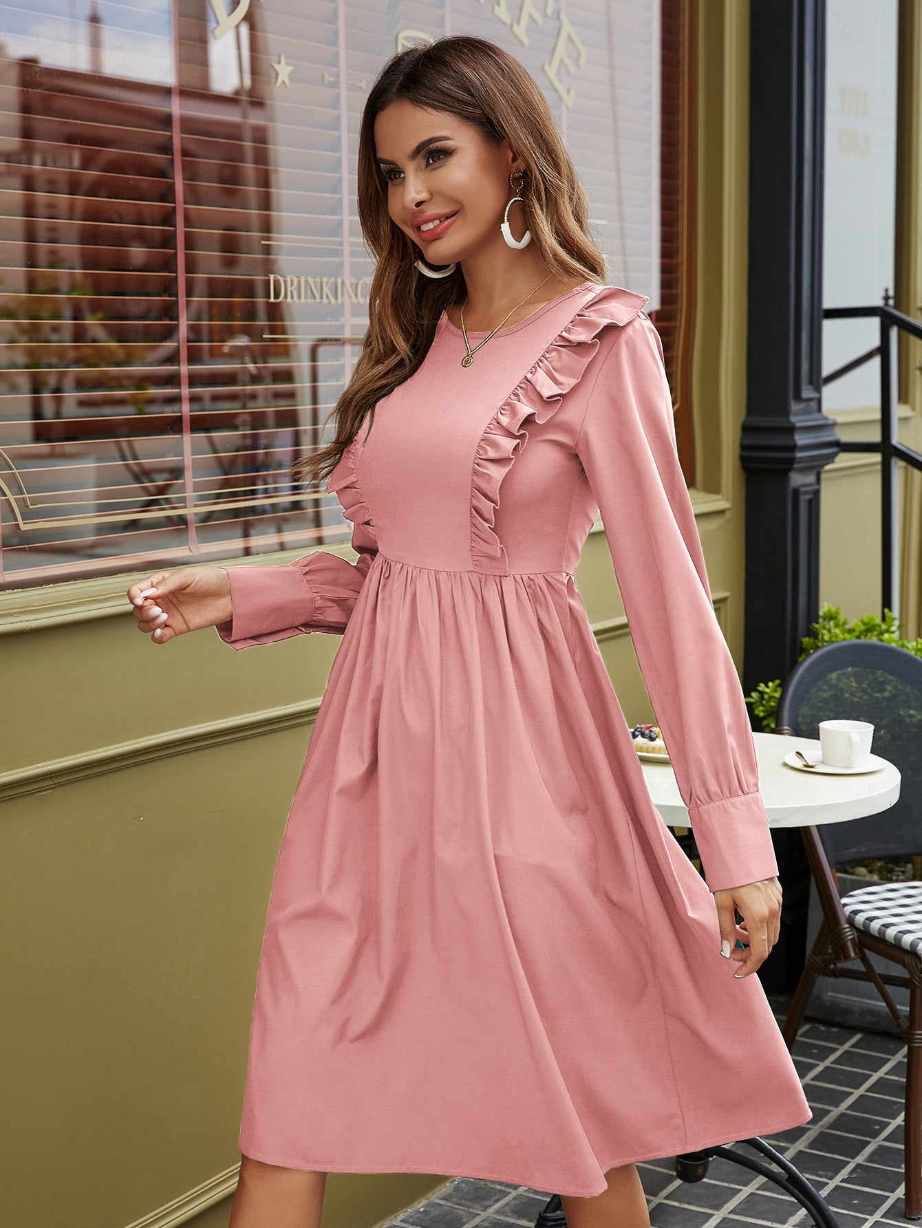 Solid Ruffle Trim Midi A-line Dress