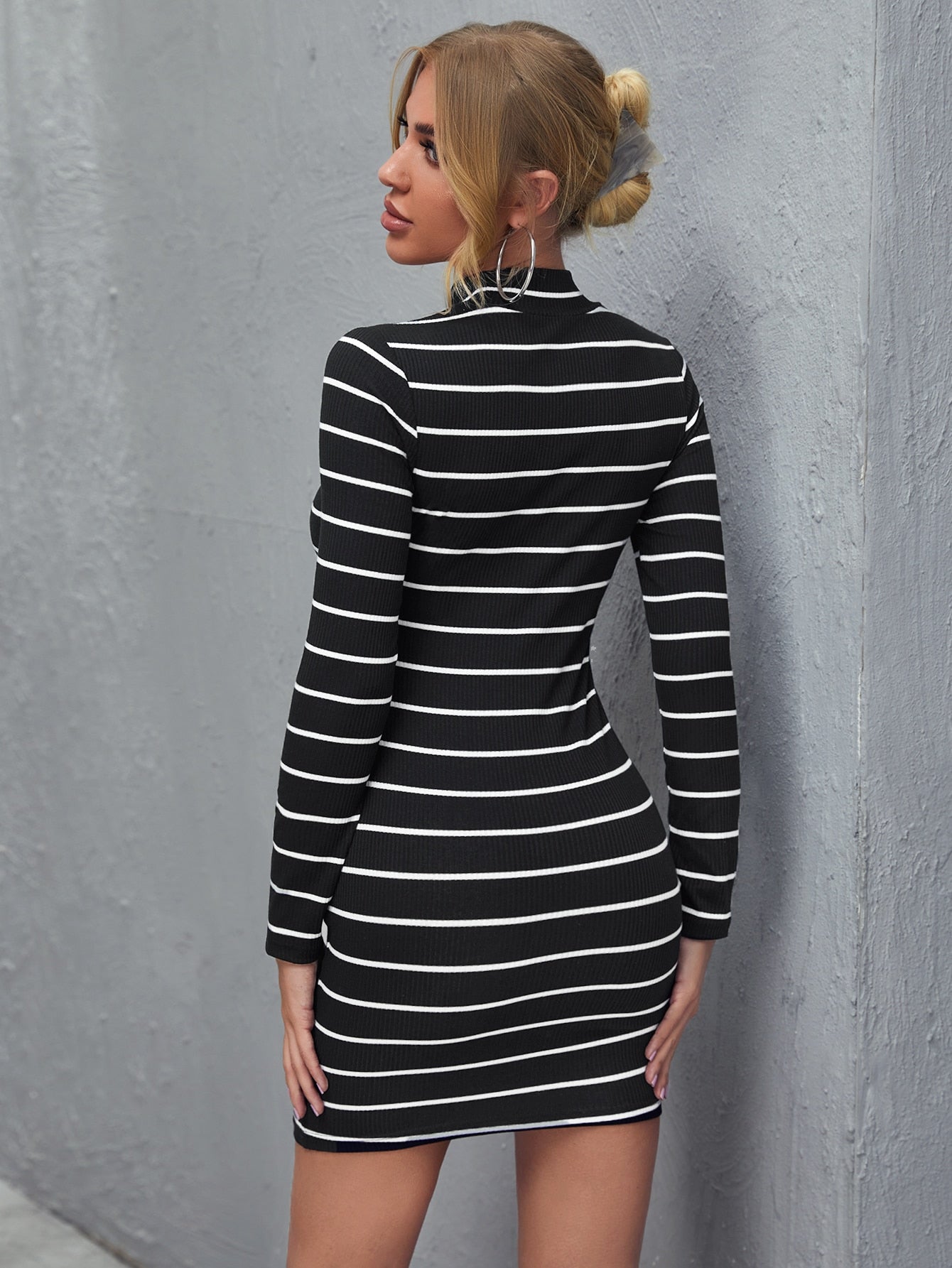 Mock Neck Striped Bodycon Dress