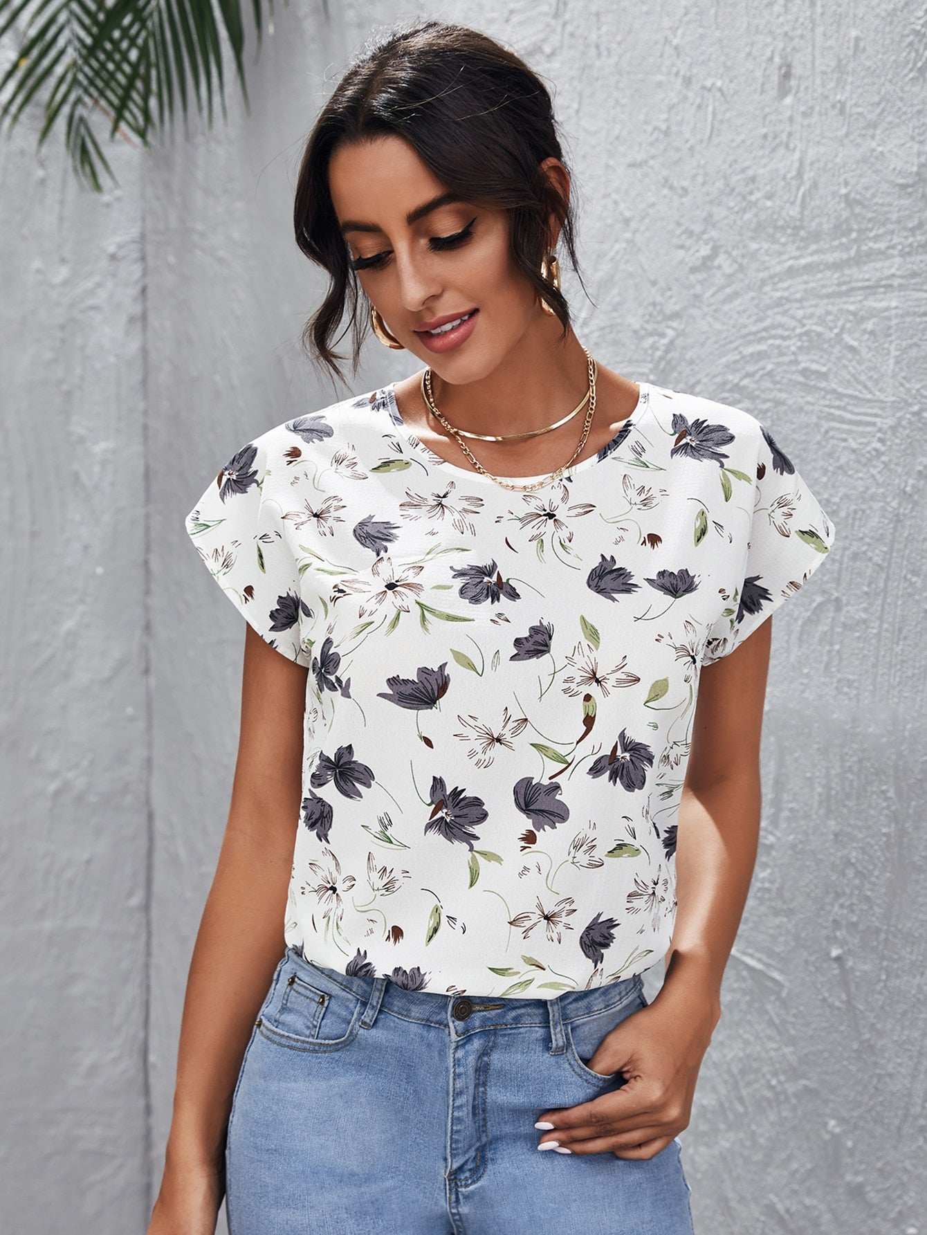 Batwing Sleeve Floral Print Top
