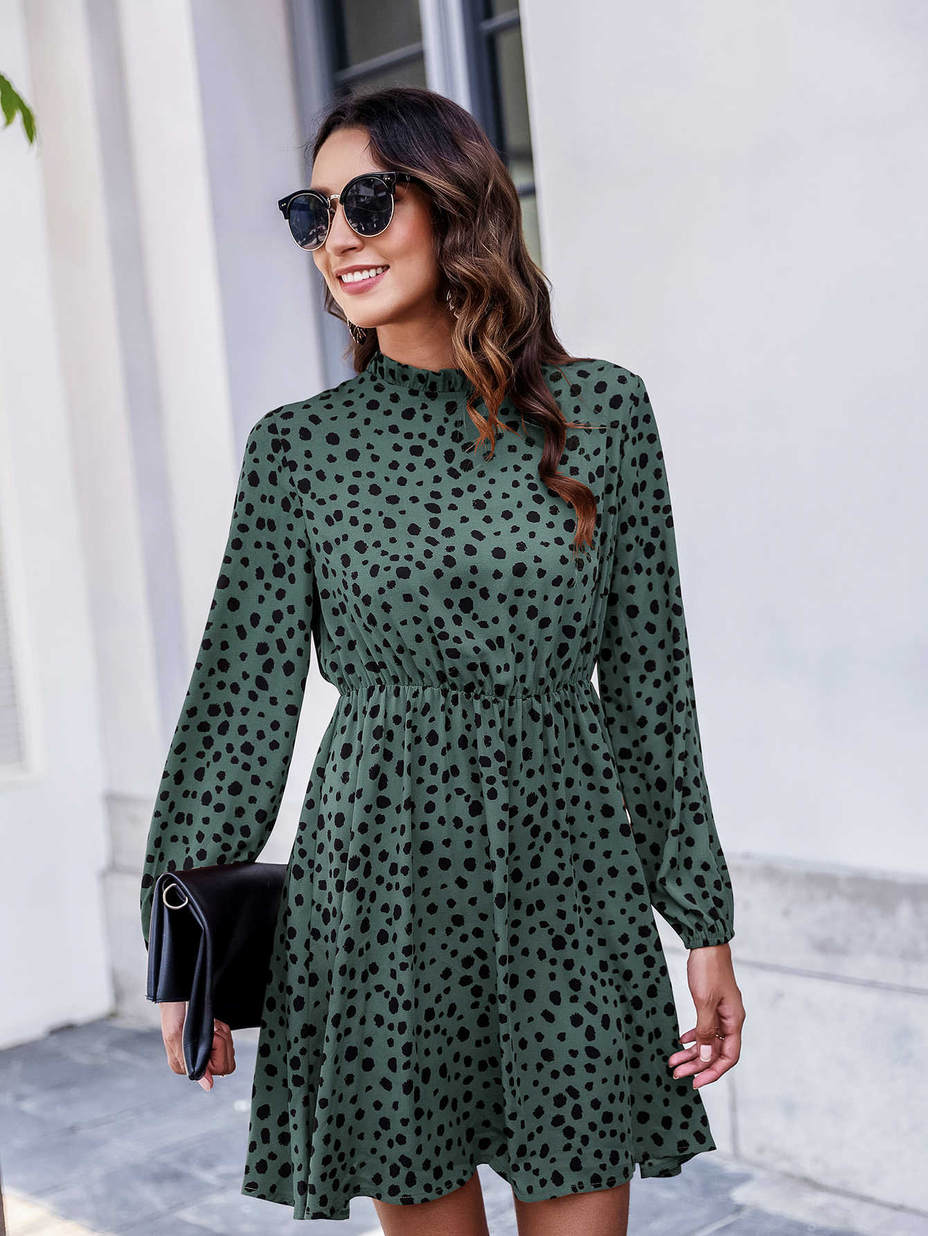 Keyhole Back Frill Neck Dalmatian Dress