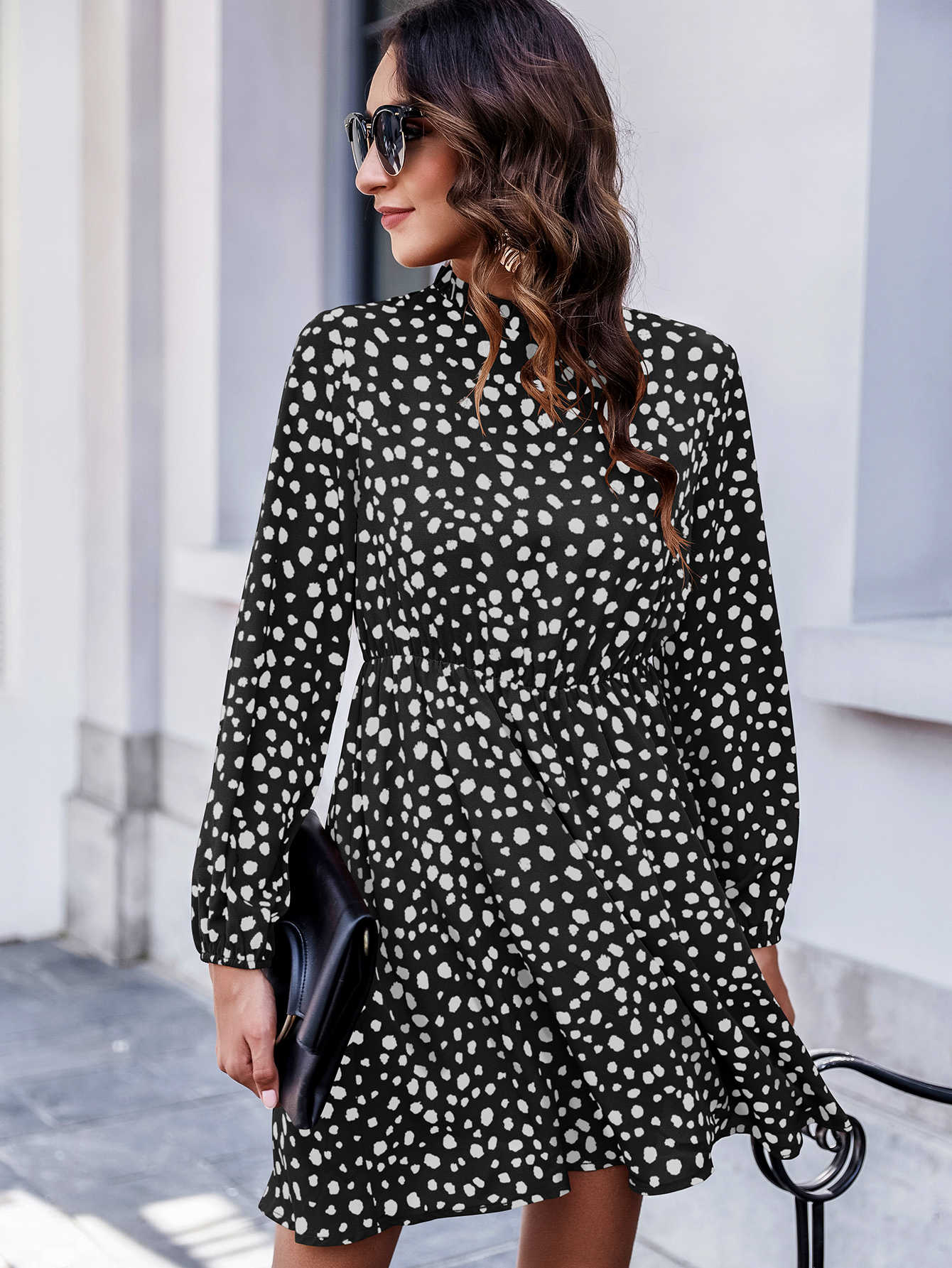 Keyhole Back Frill Neck Dalmatian Dress