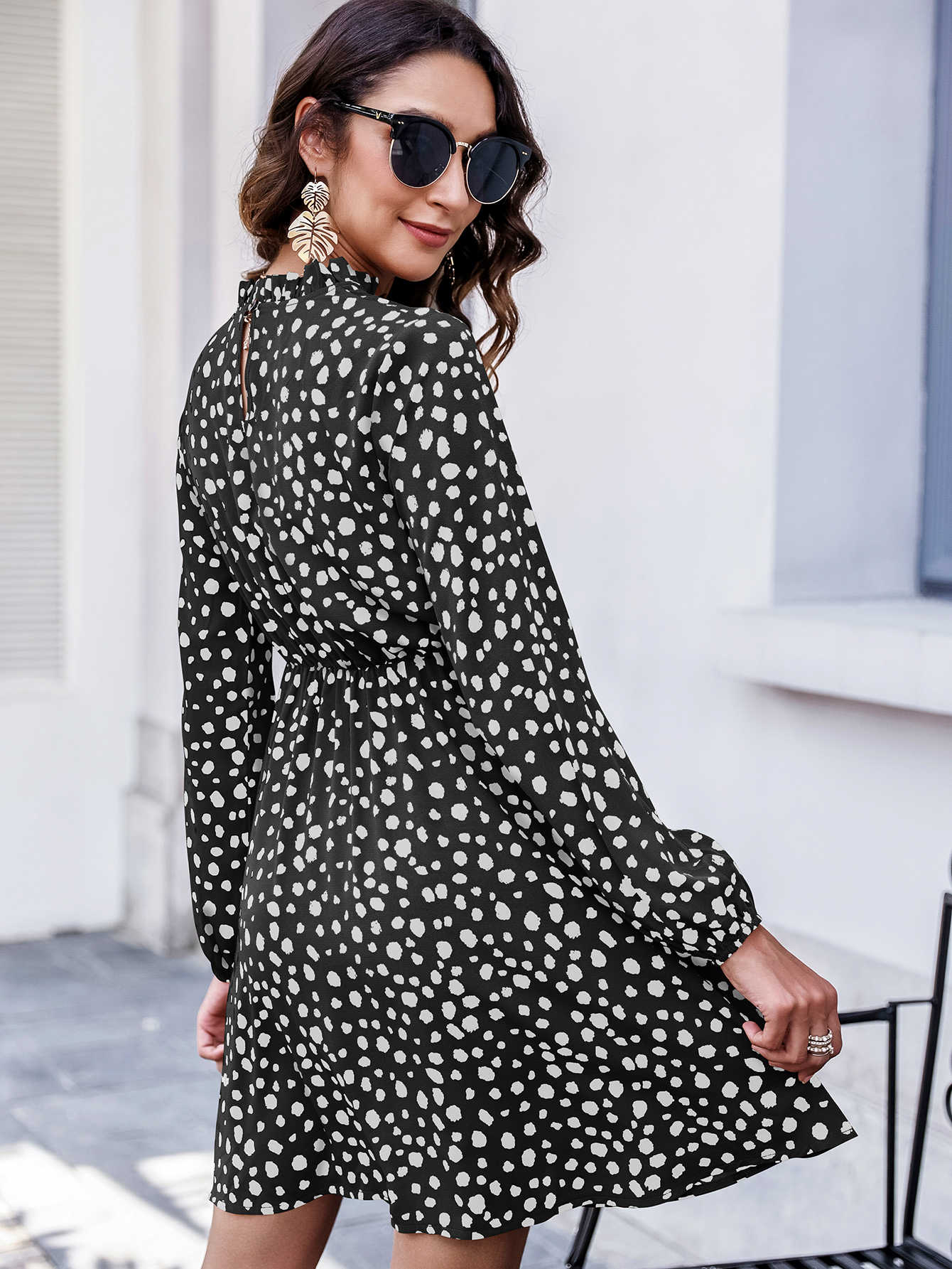 Keyhole Back Frill Neck Dalmatian Dress