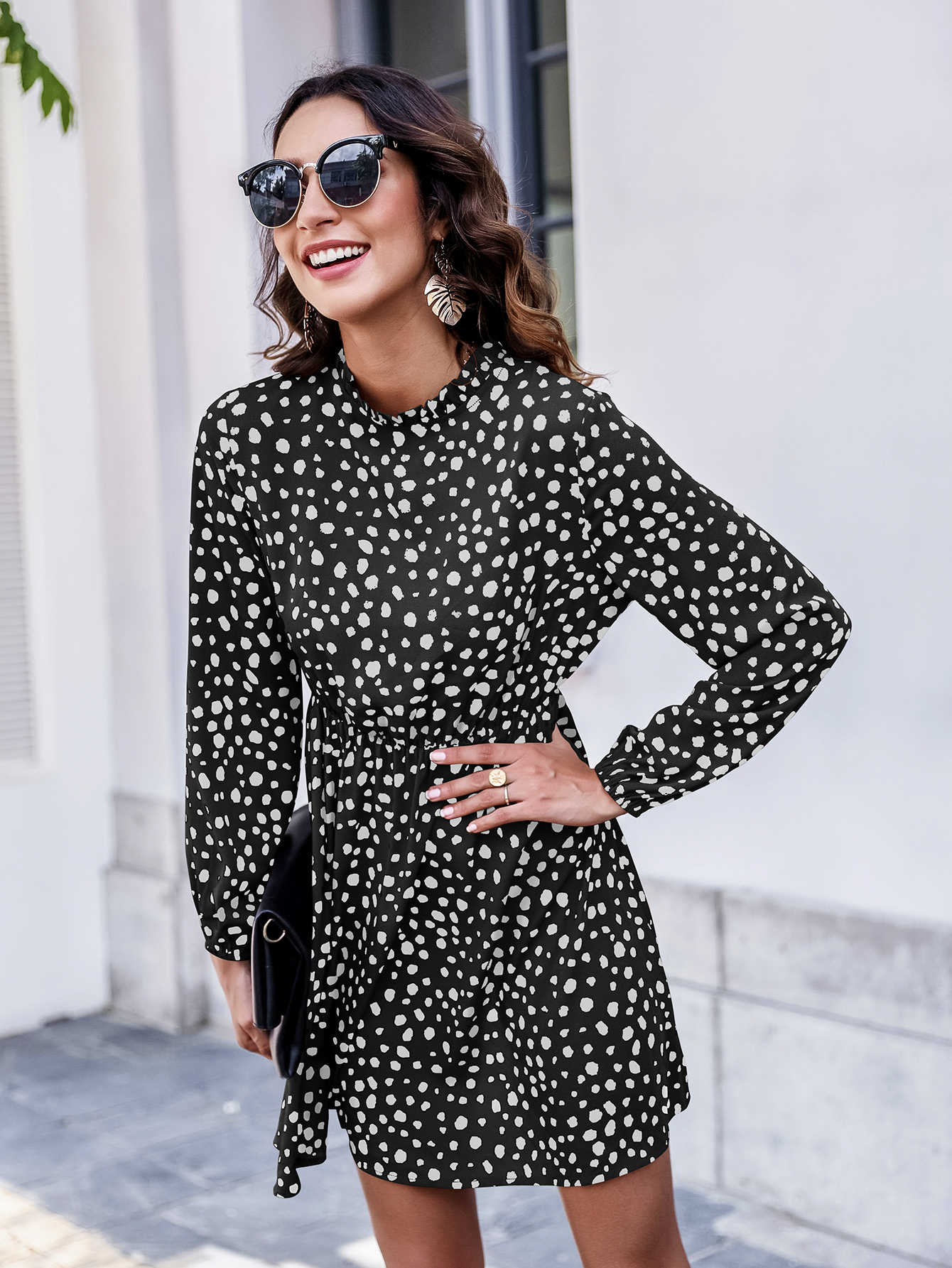 Keyhole Back Frill Neck Dalmatian Dress