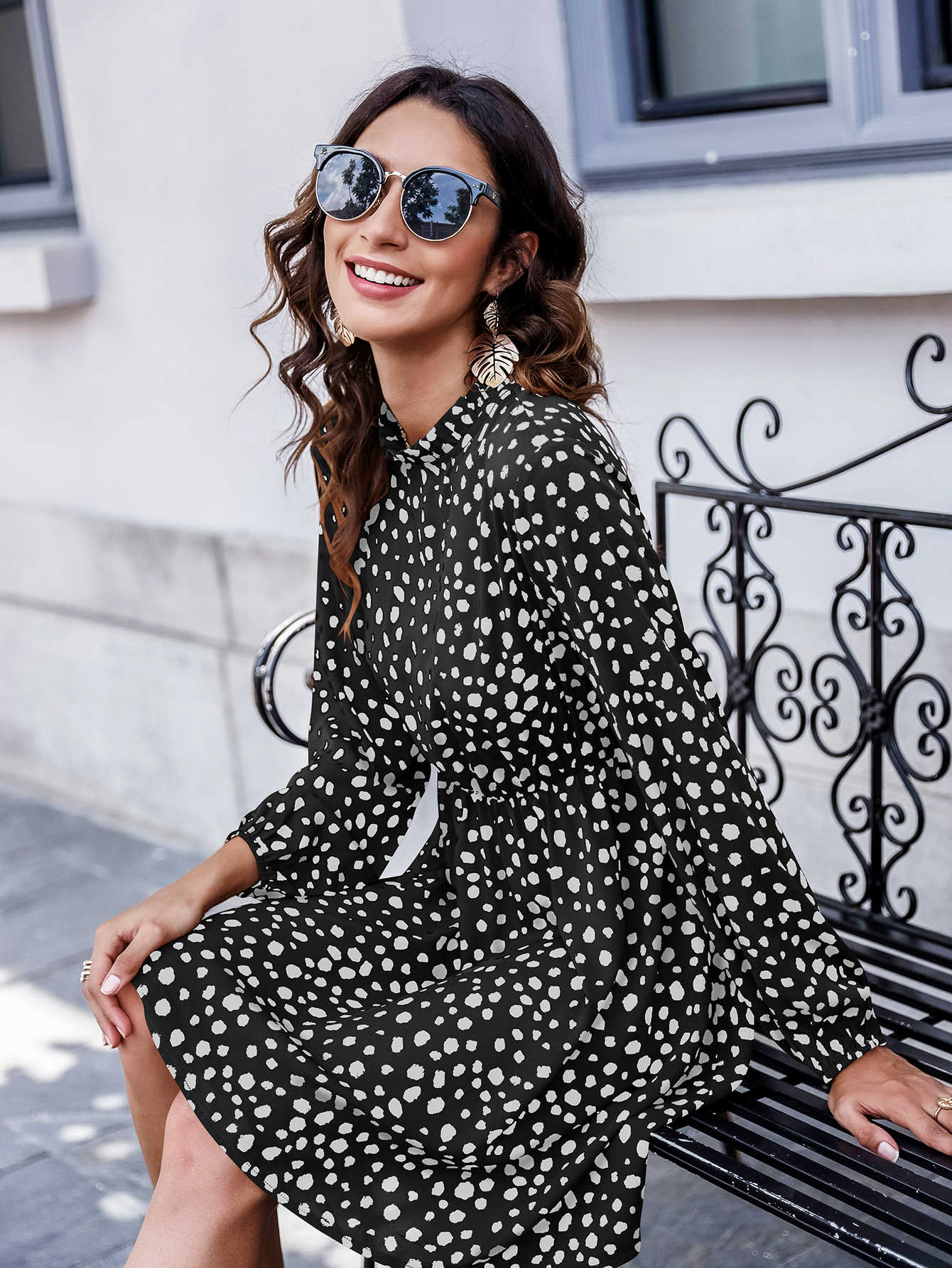 Keyhole Back Frill Neck Dalmatian Dress
