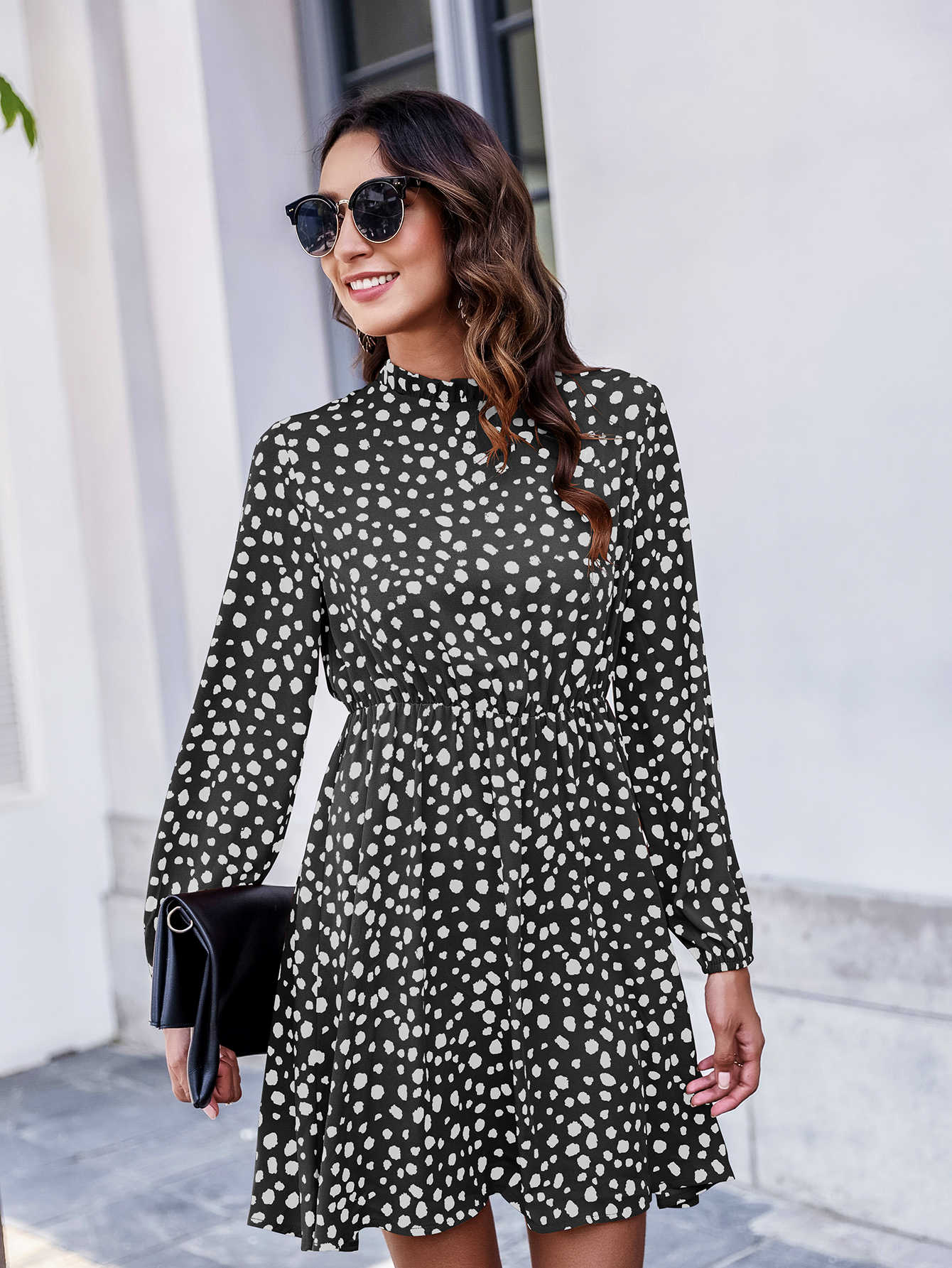 Keyhole Back Frill Neck Dalmatian Dress