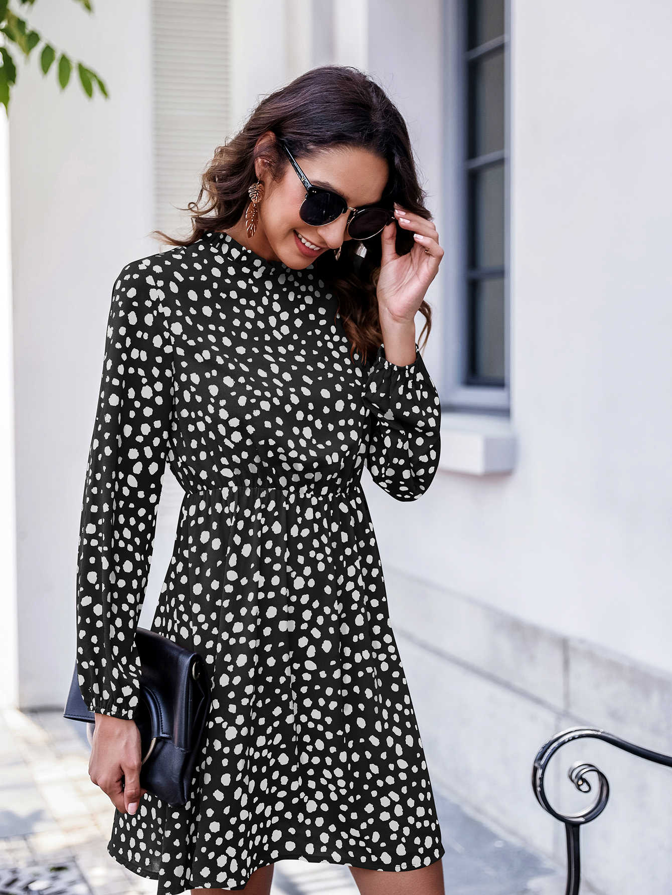 Keyhole Back Frill Neck Dalmatian Dress