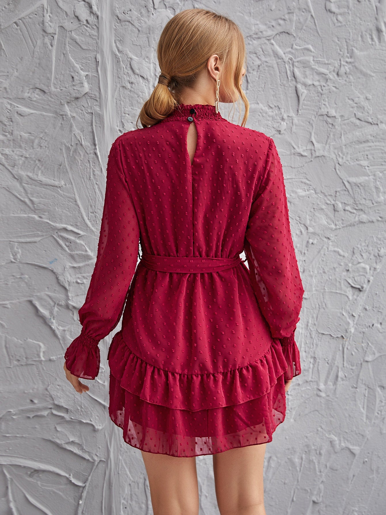 Shirred Neck Layered Hem Belted Swiss Dot Dress