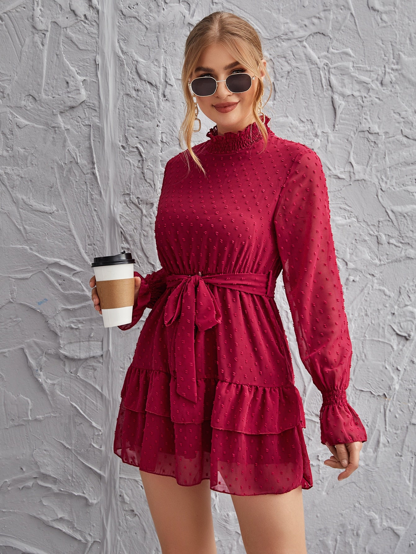 Shirred Neck Layered Hem Belted Swiss Dot Dress